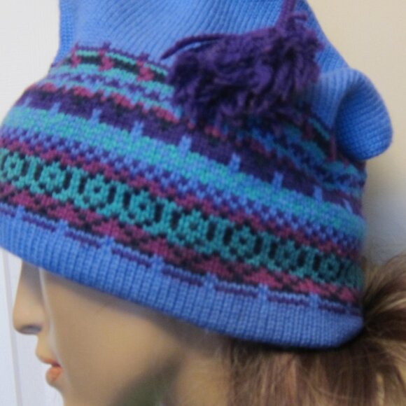 VINTAGE BANFF SUNSHINE VILLAGE BLUE WOOL FAIR ISLE TOQUE SKI BEANIE TASSEL - Picture 2 of 8